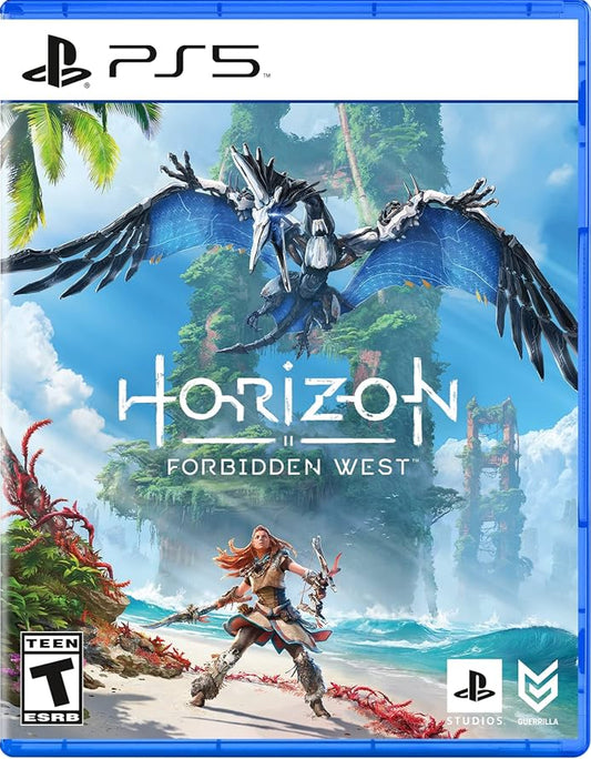 Game case for 'Horizon Forbidden West' on PS5 with a character and dragon illustration.